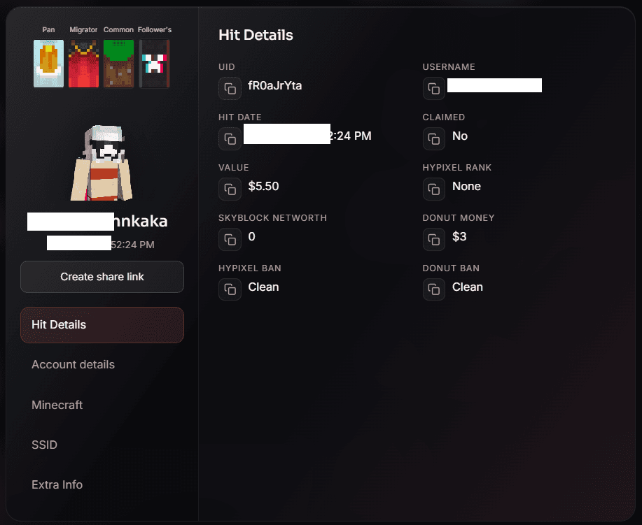Web dashboard account list with credentials and Minecraft stats