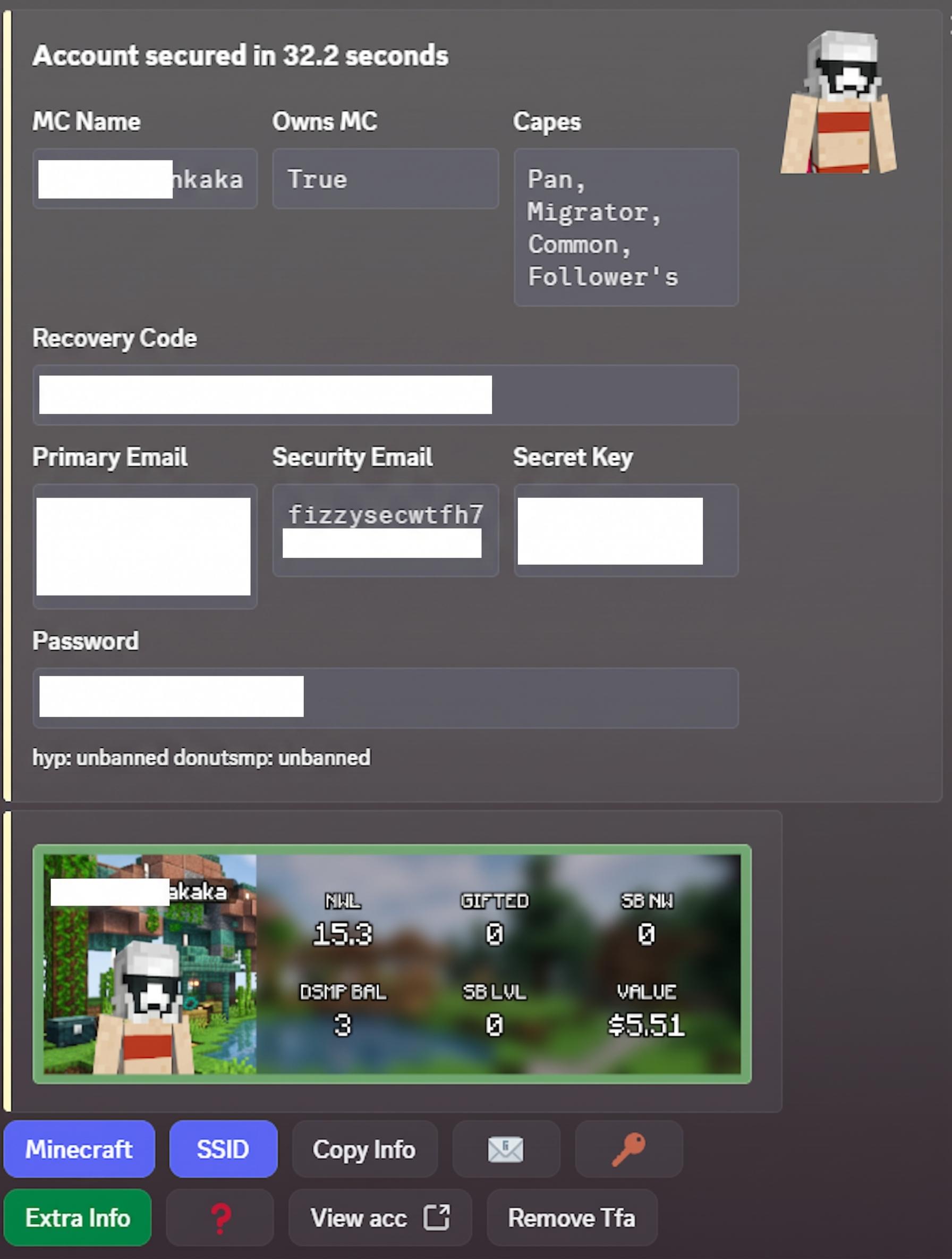 Example Discord hit embed with account stats and skin